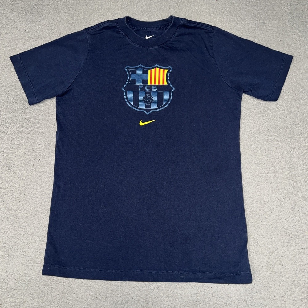 The Nike‎ Tee FC Barcelona T Shirt Youth Sz XL Black Yellow Center Swoosh Soccer